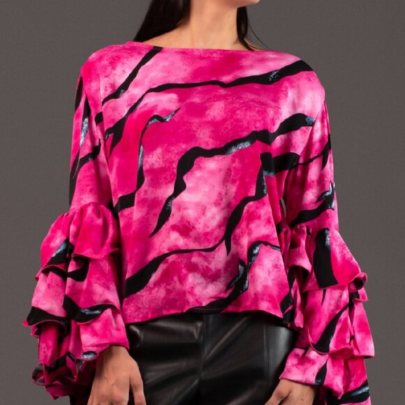 NWT Kate Hewko Runway to Reality Pink/Black Ruffled Sleeve Blouse Top SZ OS - Picture 1 of 11